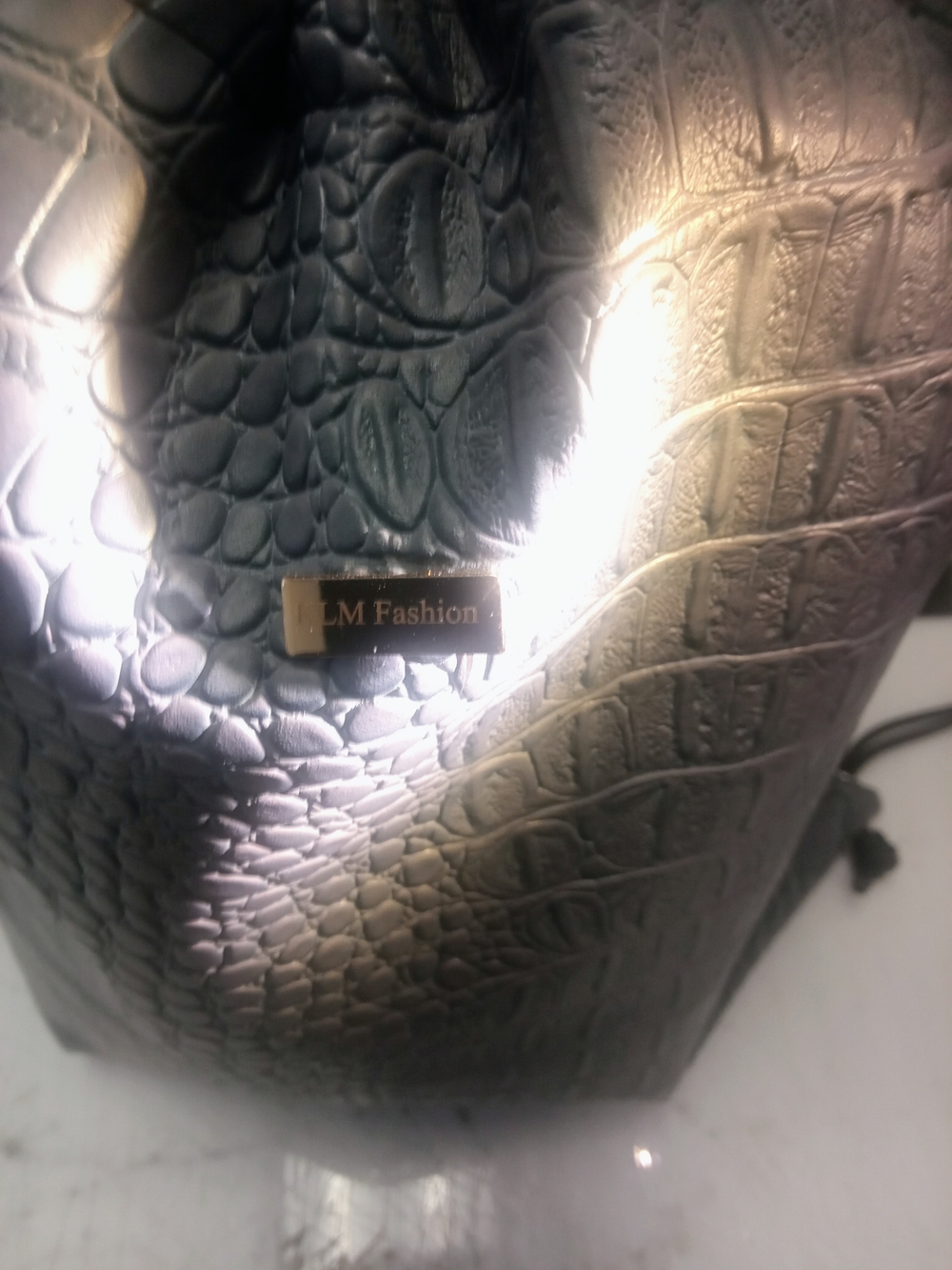 KLM Fashion Croc-Embossed Drawstring Backpack in Gray